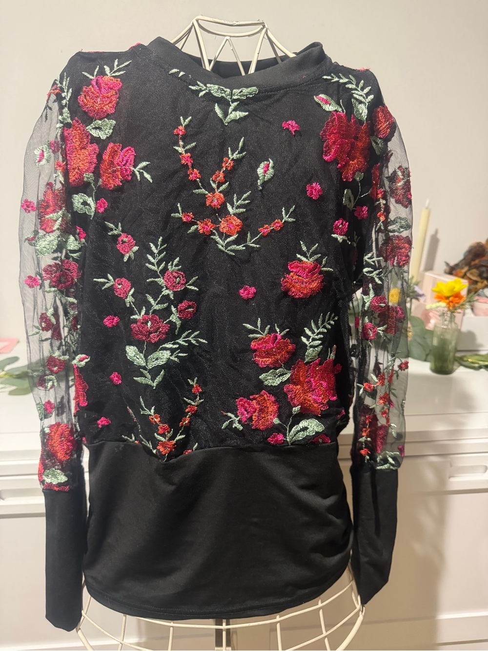 Black Sheer Floral Embroidered Long-Sleeve Blouse